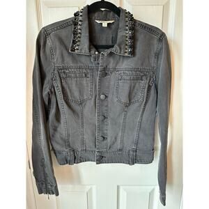 Cabi Cropped Black Denim Distressed Jewel Embellished Jacket Size M Whimsygoth
